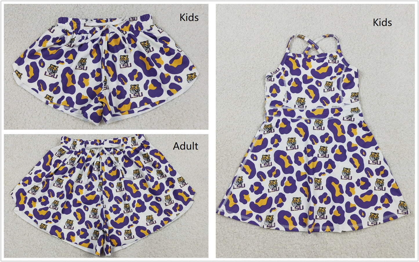Sibling Baby Girls Adult Women Purple Leopard Tigers Team Yoga Active Shorts Dress
