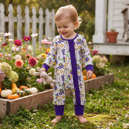 Baby Girls Kids Long Sleeves Crawfish Bows Mardi Gras Zipper Footie Sleeper Romper Clothes RTS
