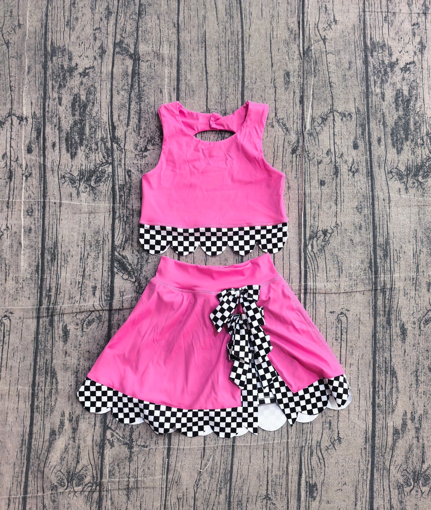 Preorder Baby Girls Kids Sleeveless Pink Tops Plaid Bows Skirt Shorts Yoga Set Clothes