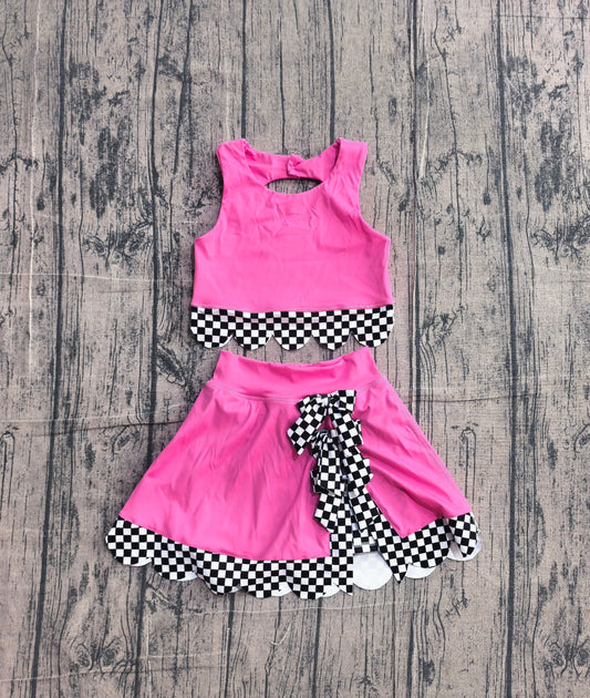 Preorder Baby Girls Kids Sleeveless Pink Tops Plaid Bows Skirt Shorts Yoga Set Clothes