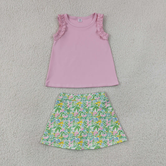 Baby Girls Kids Sleeveless Pink Tops Flower Yoga Skirt Shorts Set