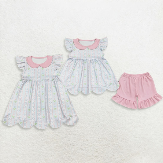 Sibling Baby Girls Kids Short Sleeves Flower Scallop Dress Set