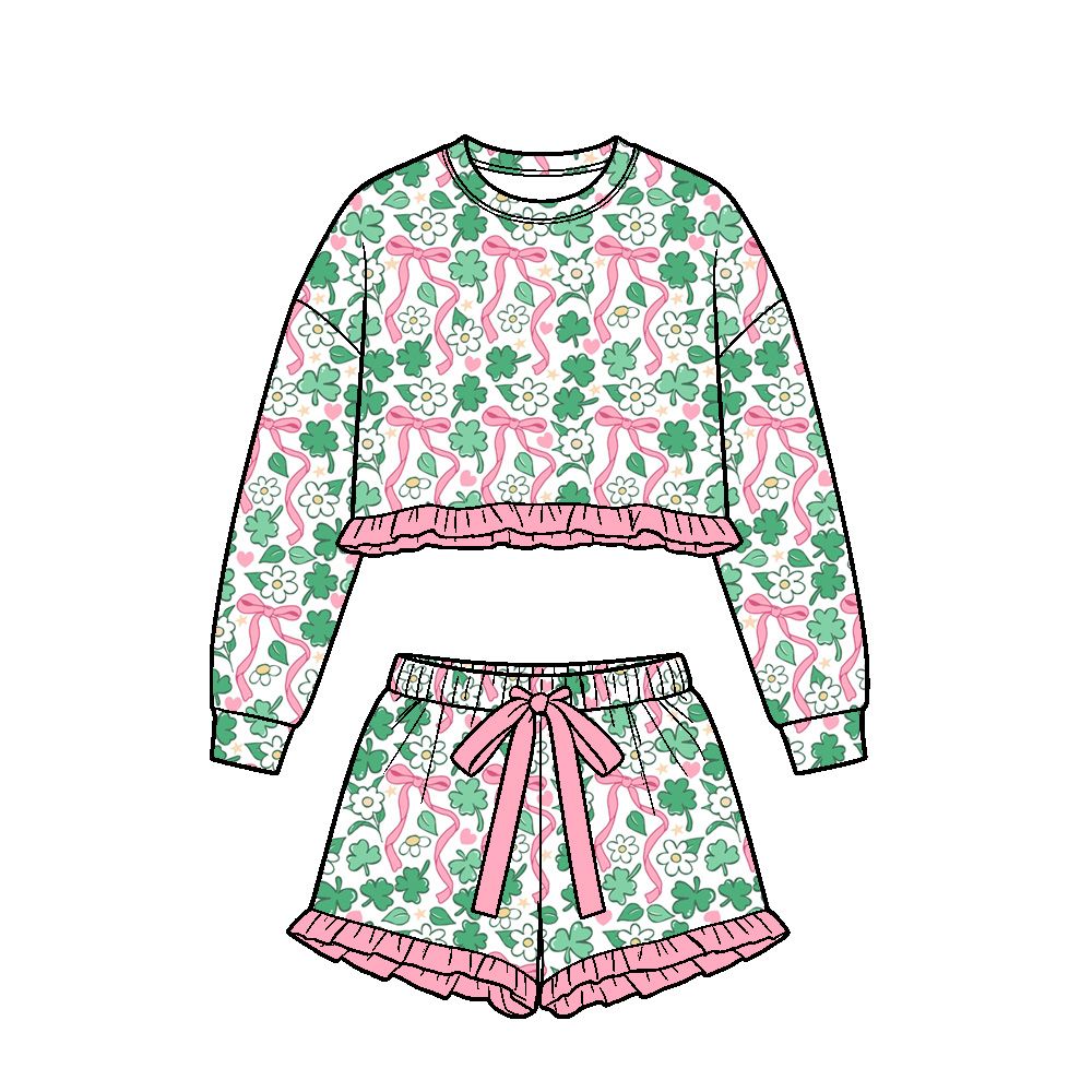 Moq 5 Preorder Baby Girls Kids Long Sleeves Clovers Flower Bows Shirt Shorts Set St Patrick Clothes