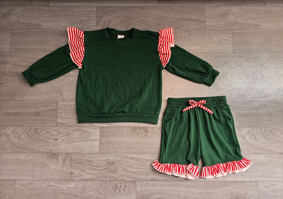 No moq Preorder Baby Girls Kids Green Long Sleeves Tops Pockets Shorts Cotton Set Clothes