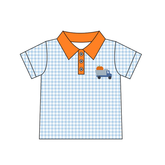 Moq 5 Preorder Baby Boys Kids Pumpkin Truck Blue Plaid Buttons Shirt Kids Thanksgiving Clothes