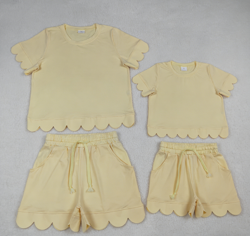 RTS Sibling Baby Girls Adult Women Short Sleeves Yellow Cotton Shirts Shorts Scallop Sets Summer Clothes