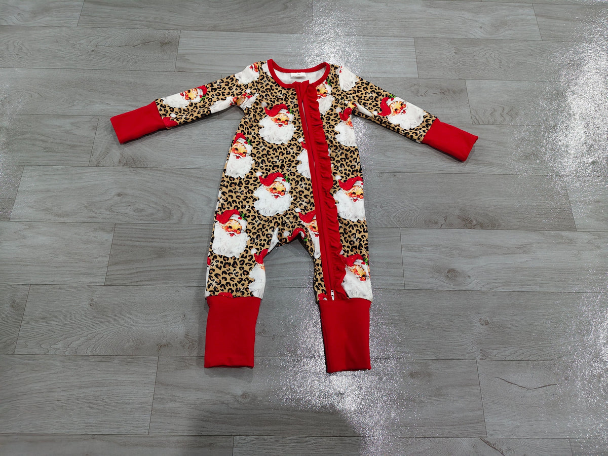 No moq Preorder Baby Girls Infant Leopard Santa Christmas Zipper Footie Sleeper Romper Clothes