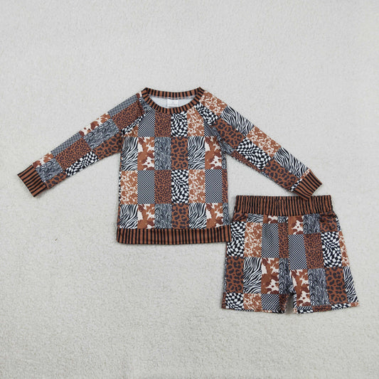 RTS Baby Girls Leopard Cow Print Plaid Shirt Shorts Western Clothes Set