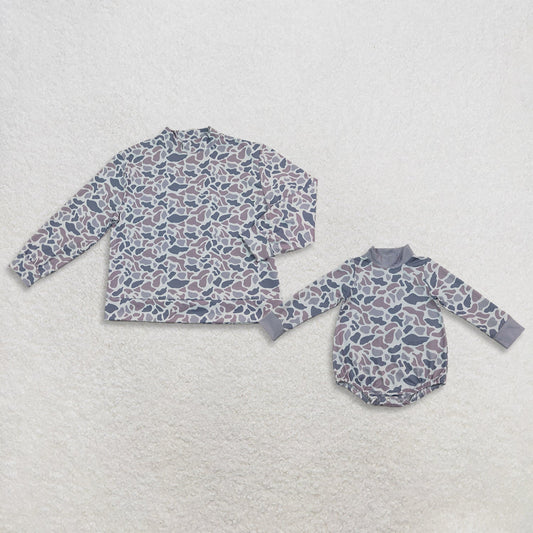 Sibling Baby Kids Adult Women Long Sleeves Grey Camo Print Romper Shirt Clothes