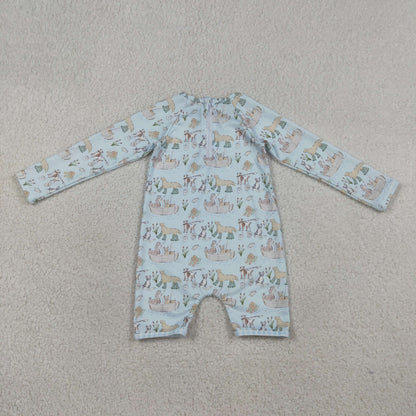 RTS Baby Boys Kids Long Sleeves Dogs Zipper Blue One-piece Swimsuit
