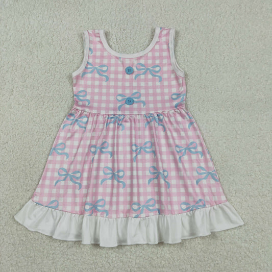 Baby Girls Kids Sleeveless Bows Pink Plaid Knee Length Dress