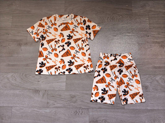 No moq Preorder Girls Kids Short Sleeves Cheer Bows Shirt Shorts Go Team Summer Clothes Set