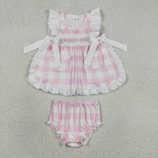 Baby Girls Kids Short Sleeves Embroidery Mama's Girl Bows Pockets Tunic Pink Plaid Bummie Shorts Set