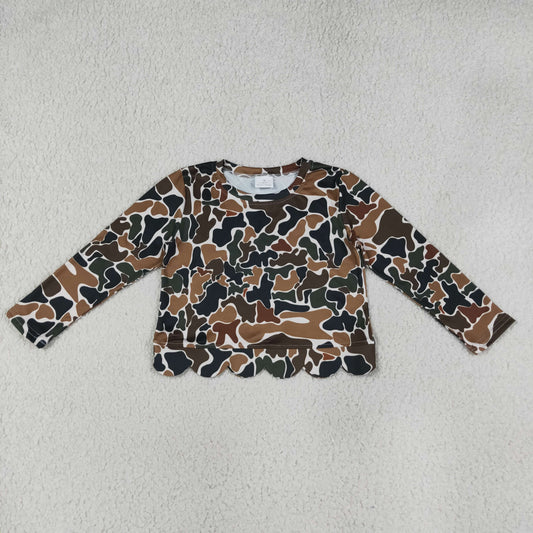 Baby Girls Kids Long Sleeves Brown Camo Scallop Shirt Kids Tops Clothes
