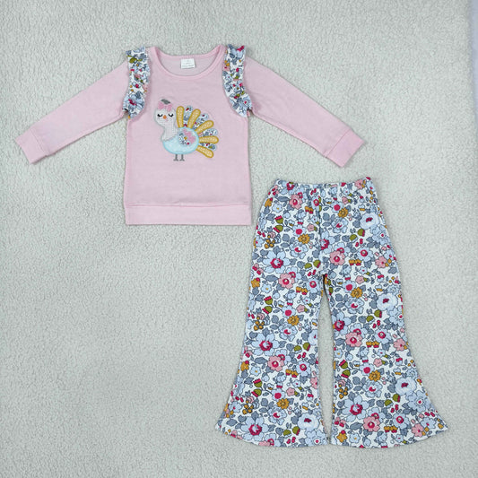 Baby Girls Kids Embroidery turkey Thanksgiving Tops Flower Pants Set Clothes