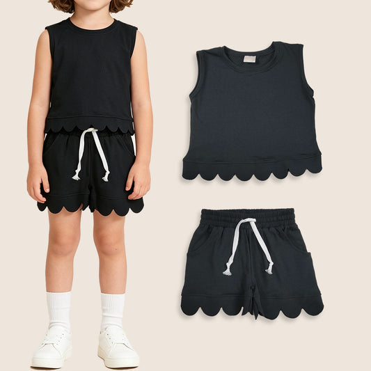 GSSO3733 Baby Girls Kids Sleeveless Black Shirt Scallop Shorts Set Cotton Clothes