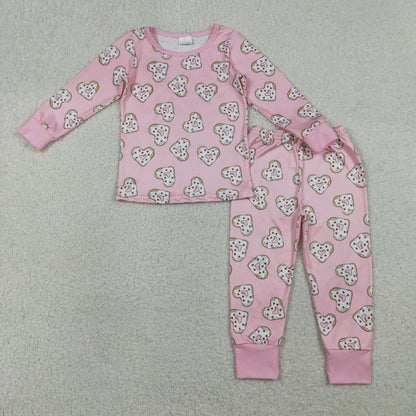 RTS Sibling Baby Girls Kids Long Sleeves Donuts Hearts Valentines Pink Zipper Romper Pajamas Set