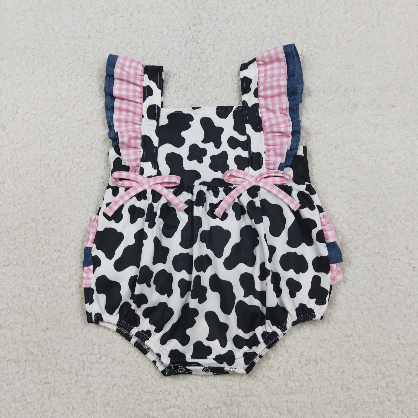 RTS Baby Girls Kids Short Sleeves Bows Cow Print Western Bubble Romper