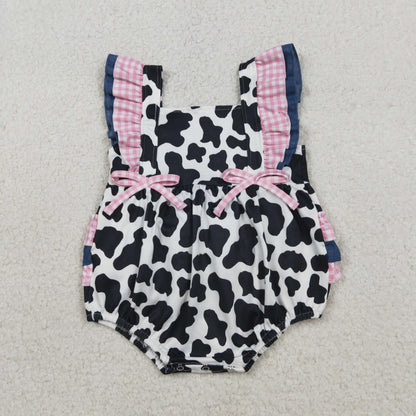 RTS Baby Girls Kids Short Sleeves Bows Cow Print Western Bubble Romper