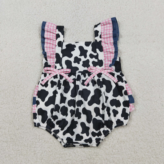 RTS Baby Girls Kids Short Sleeves Bows Cow Print Western Bubble Romper