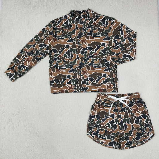 Adult Women Long Sleeves Brown Camo Shirt Pockets Shorts Yoga Active Set Clothes