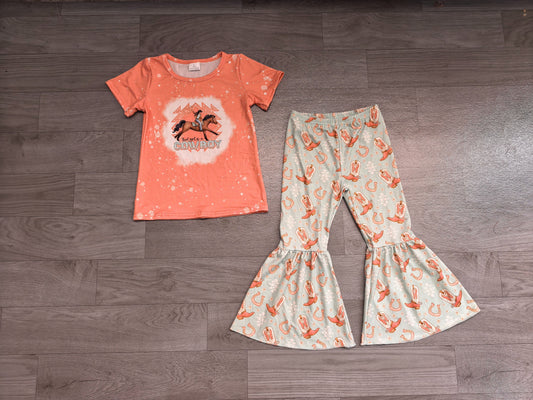 No moq Preorder Baby Girls Kids Short Sleeves Cowboy Shirt Boots Aztec Pants Western Set Clothes