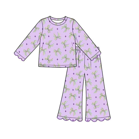 Moq 5 Preorder Baby Girls Kids Bows Shirt Scalloped Pants Mardi Gras Set Purple Clothes