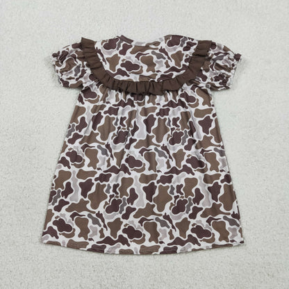 RTS Baby Girls Kids Short Sleeves Embroidery Smocked Daddy's Girl Brown Camo Dress