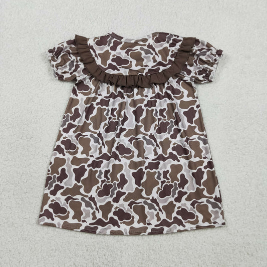 RTS Baby Girls Kids Short Sleeves Embroidery Smocked Daddy's Girl Brown Camo Dress