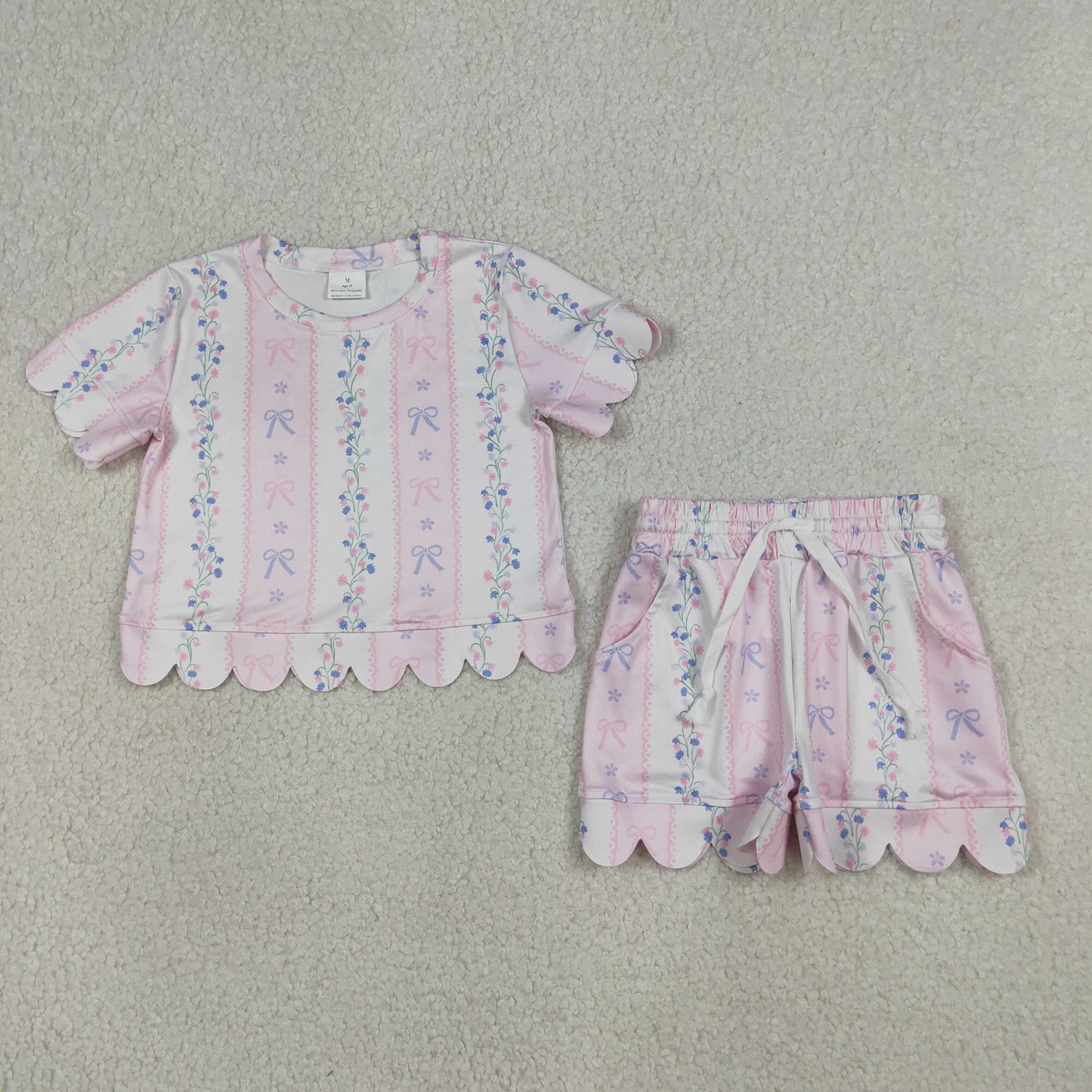 RTS Baby Girls Kids Short Sleeves Floral Bows Pink Shirt Scallop Shorts Summer Set