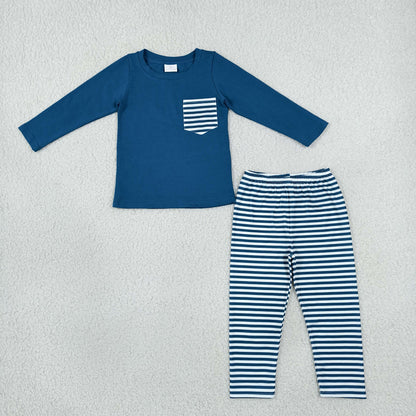 Baby Kids Long Sleeves Blue Shirt Stripes Pants Set Pajamas Clothes