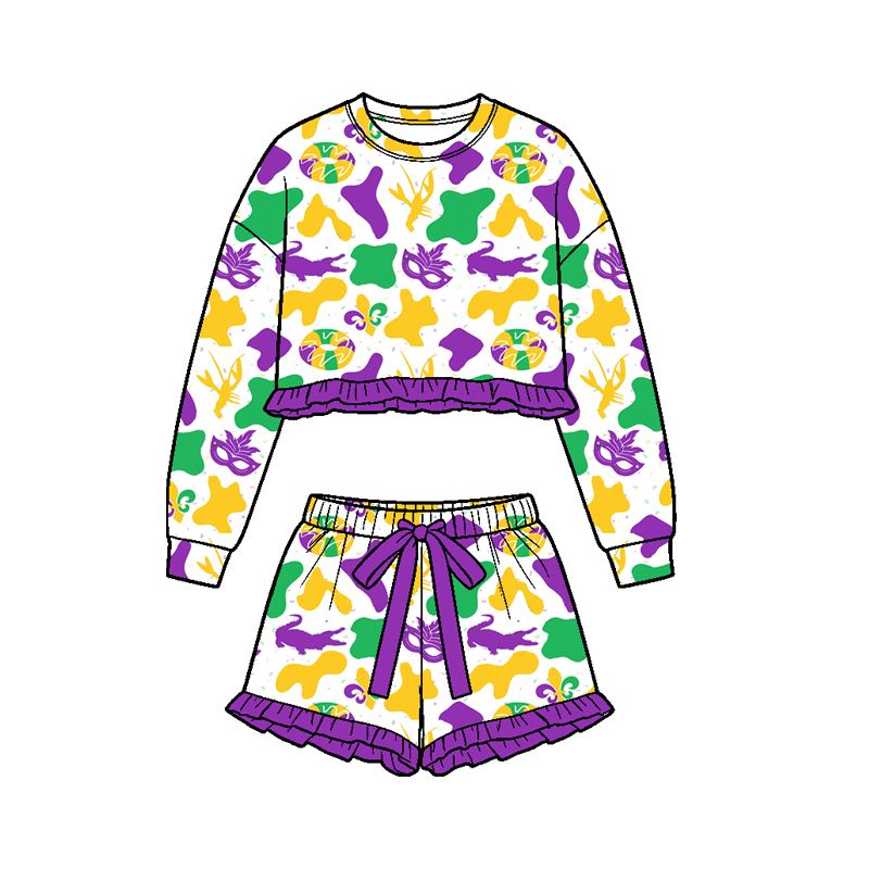 Moq 5 Preorder Baby Girls Kids Tractors Donuts Camo Shirt Shorts Set Mardi Gras Clothes