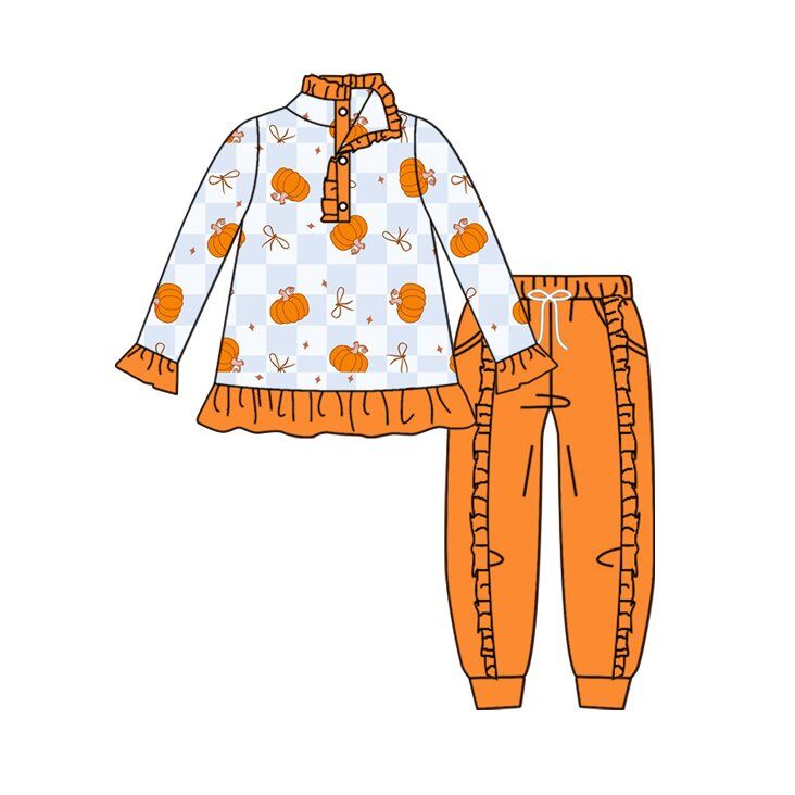Moq 5 Preorder Baby Girls Kids Pumpkins Bows Buttons Pullover Orange Pockets Pants Fall Set Clothes