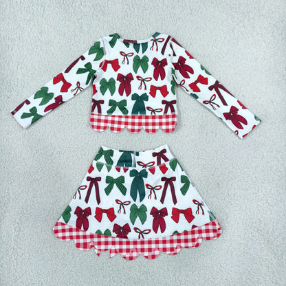 Baby Girls Kids Long Sleeves Christmas Bows Shirt Scallop Skirt Shorts Yoga Active Set Clothes