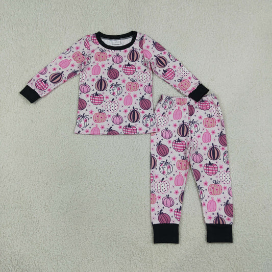 Baby Girls Kids Long Sleeves Pink Pumpkins Flower Shirt Pants Pajamas Set Fall Clothes
