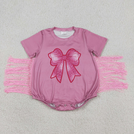 RTS Baby Girl Short Sleeves Bow Tassel Summer Pink Bubble Romper