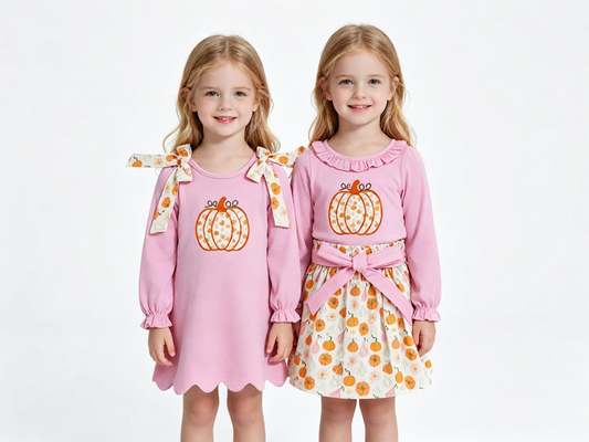 Sibling Baby Girls Kids Embroidery Pumpkins Bows Set Scallop Dress Fall Clothes