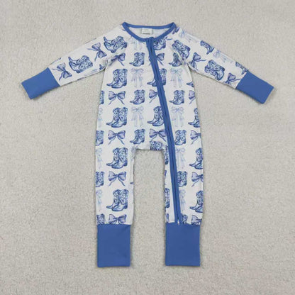 Sibling Baby Girl Long Sleeves Blue Bows Boots Western Zipper Romper Pajamas Clothes Set