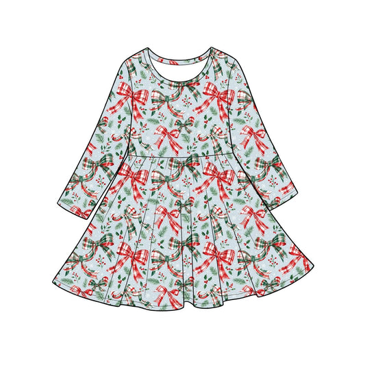 Moq 5 Preorder Baby Girls Kids Bows Christmas Knee Length Ruffle Dress Clothes