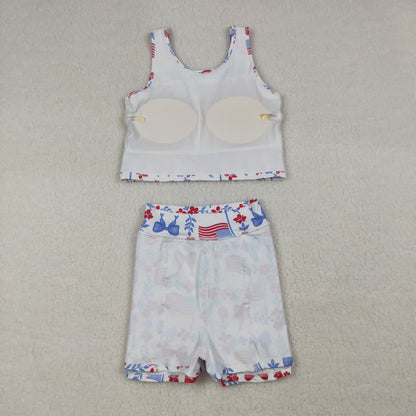 RTR Sibling Baby Girls Kids Sleeveless Flags Bows Flower Shorts Dress Sets 4th of July Clothes
