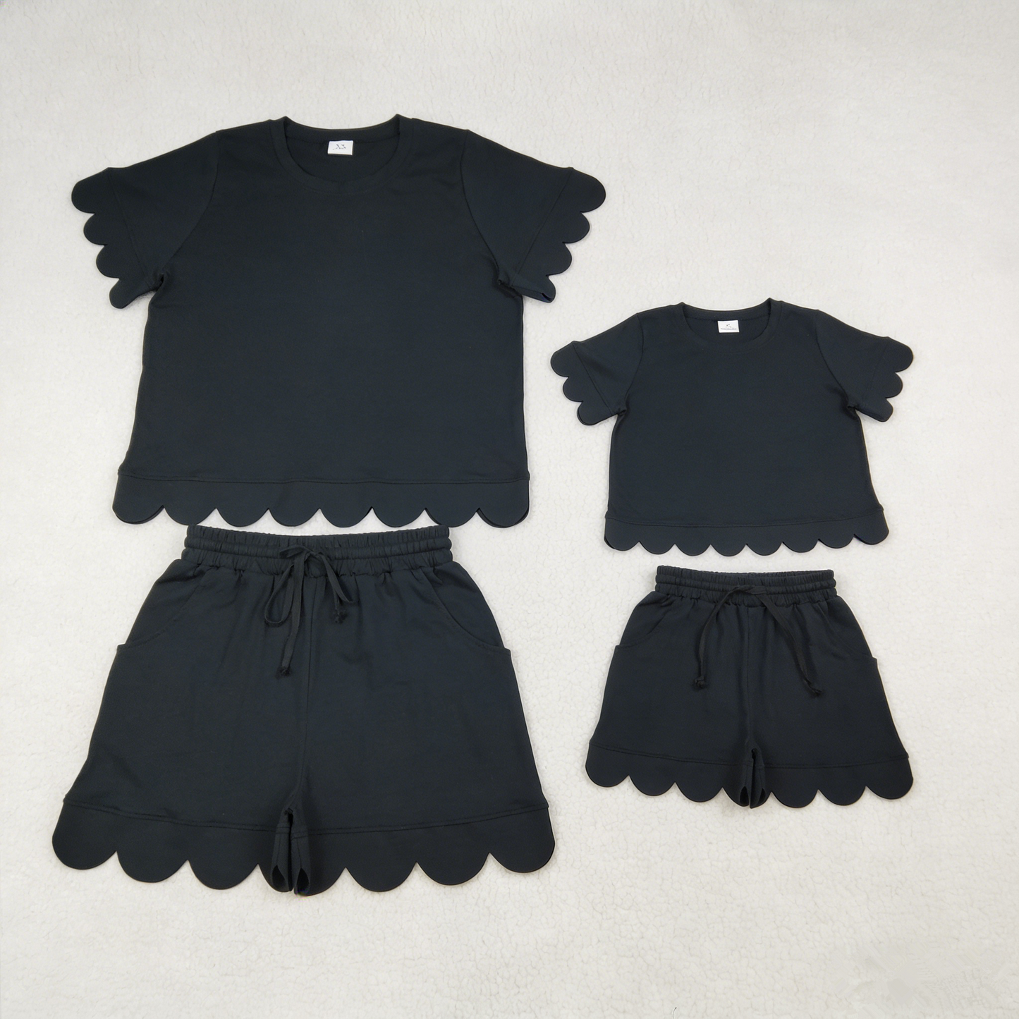 RTS Sibling Baby Girls Adult Women Short Sleeves Black Cotton Shirts Shorts Scallop Sets Summer Clothes