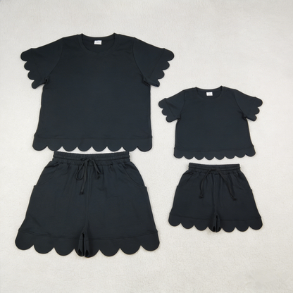 RTS Sibling Baby Girls Adult Women Short Sleeves Black Cotton Shirts Shorts Scallop Sets Summer Clothes