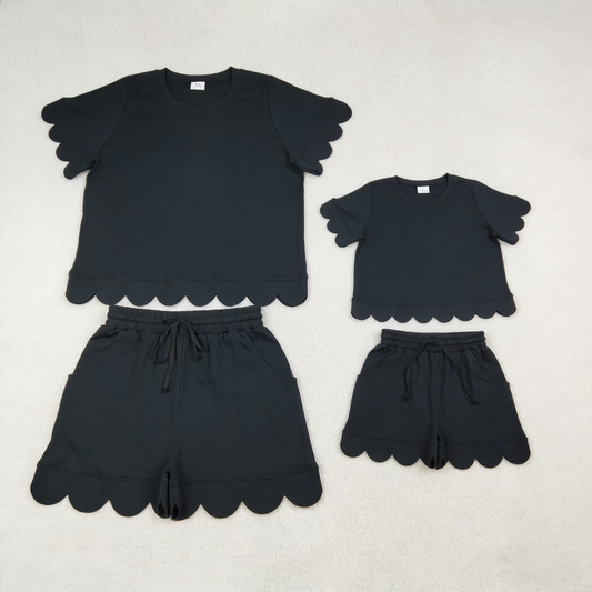 RTS Sibling Baby Girls Adult Women Short Sleeves Black Cotton Shirts Shorts Scallop Sets Summer Clothes