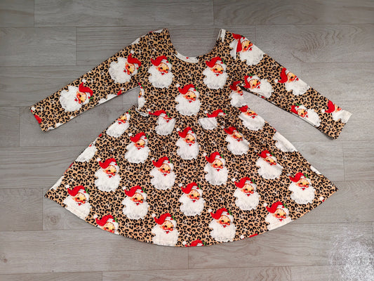 No moq Preorder Baby Girls Long Sleeves Santa Leopard Christmas Ruffle Dress Clothes