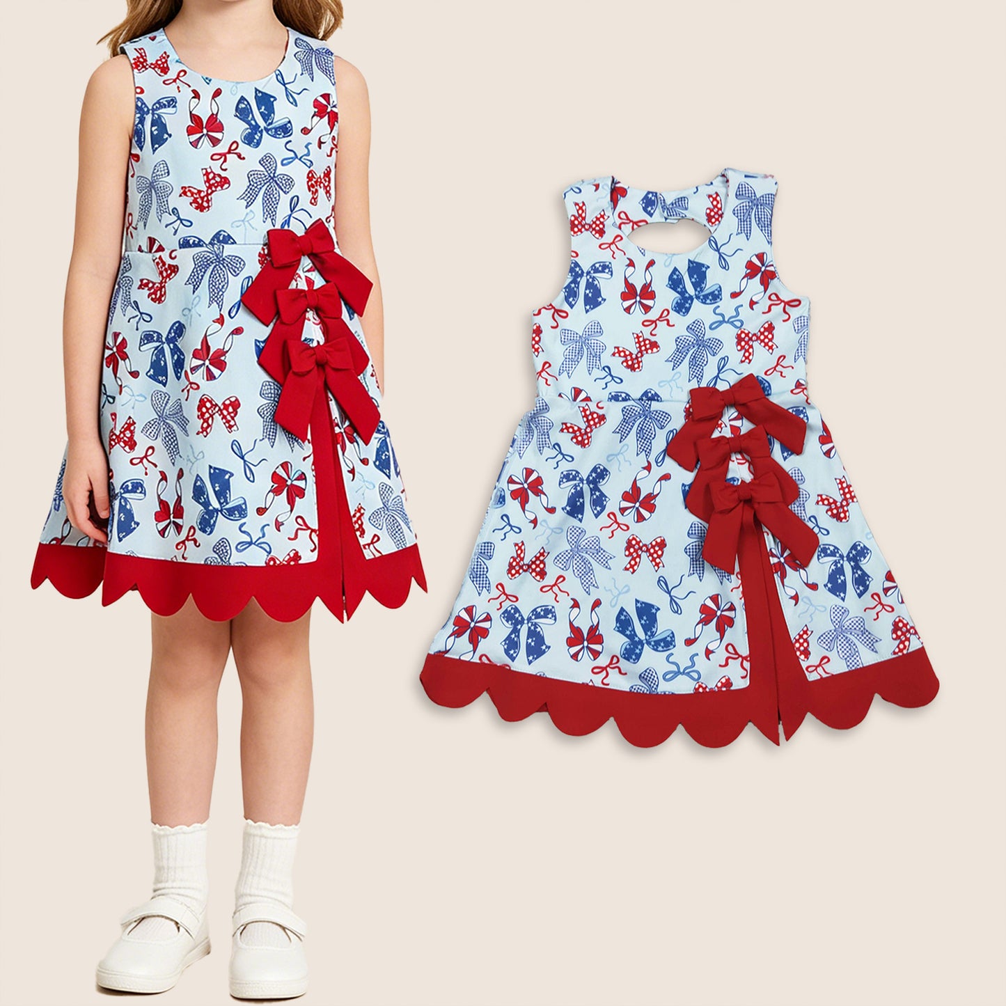 Baby Girls Bows 4th of July Yoga Active Shorts Knee Length Scallop Dress RTS