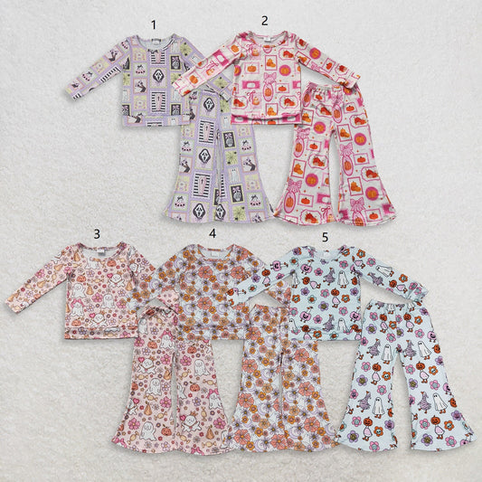 Sibling Baby Girls Kids Long Sleeves Pumpkins Ghosts Flower Shirts Bell Pants Fall Sets Clothes