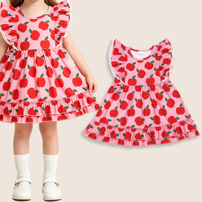 Baby Girls Short Sleeves Apple Back to School Ruffle Knee Length Dress