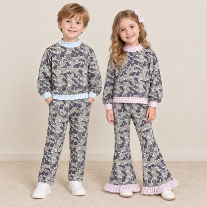 Sibling Baby Boys Girls Kids Long Sleeves Mock Neck‌ Shirts Camo Pants Sets Clothes