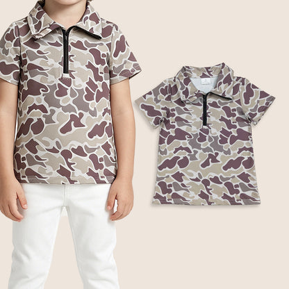 Baby Boys Kids Short Sleeves Dark Grey Camo Zipper Pullover Shirt Tops