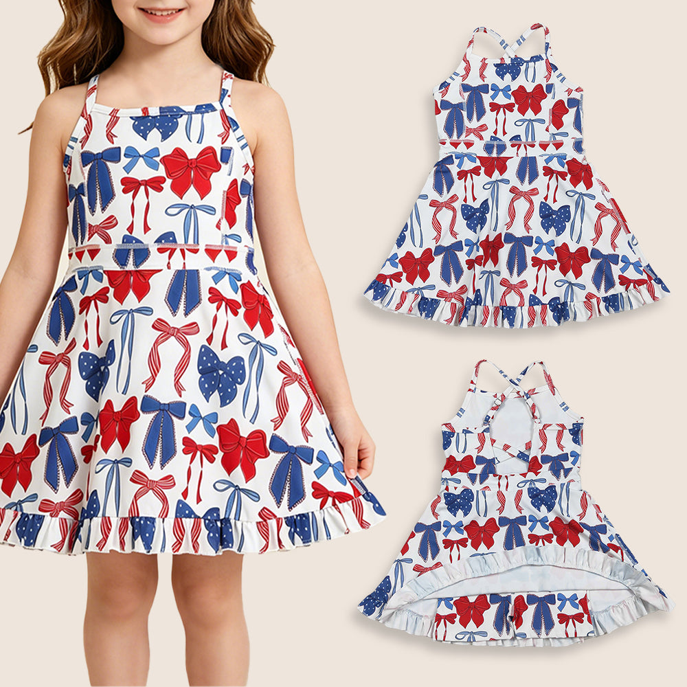Baby Girls Sleeveless 4th of July Bows Yoga Shorts Knee Length Dress